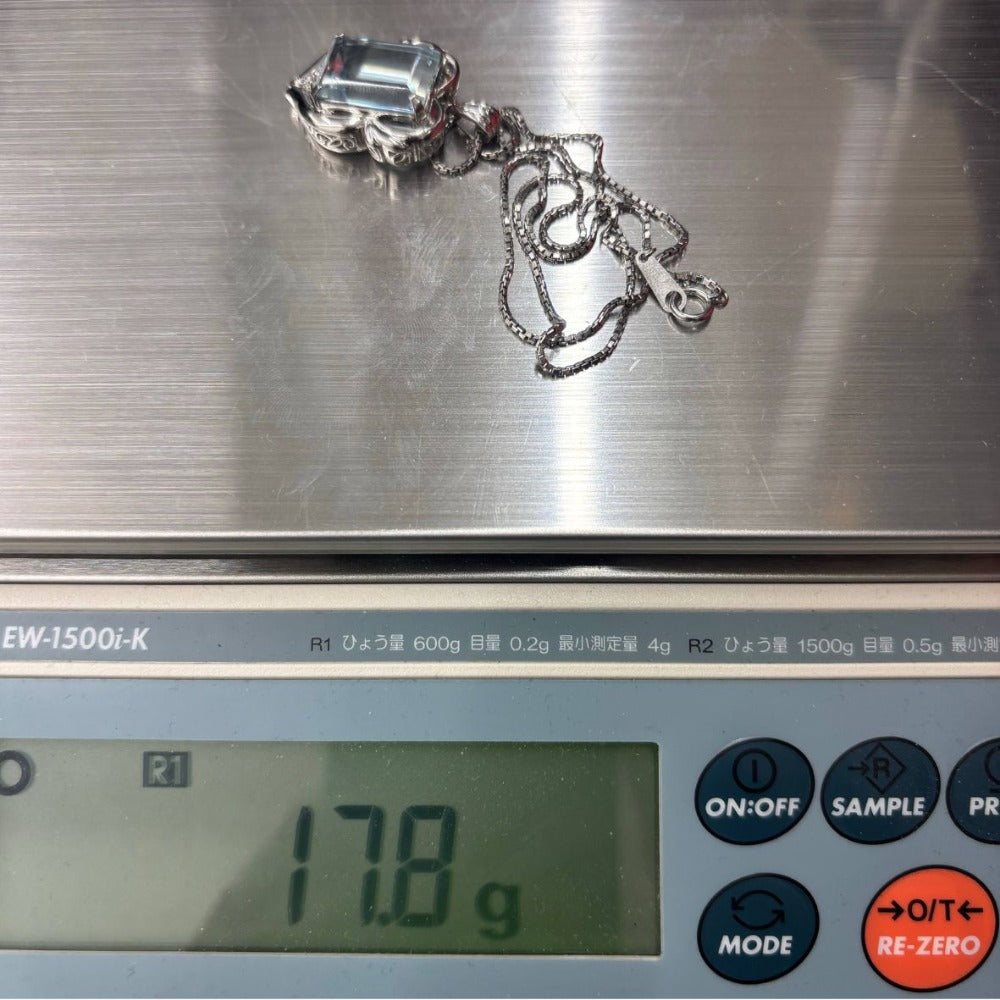 ネックレス Pt900×天然アクアマリン×ダイヤモンドトップ Pt850チェーン 長さ40cm 重量17.8g 幣局検定マーク(ホールマーク) レディース