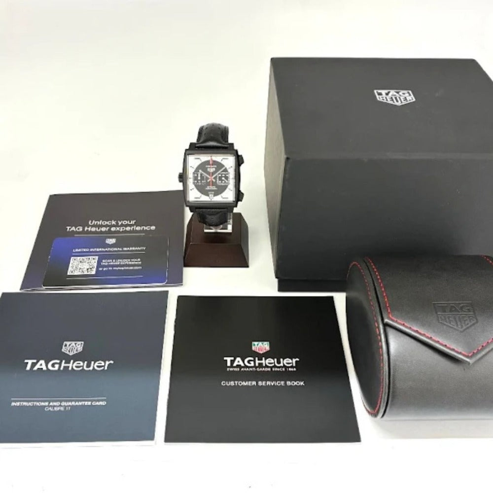 タグホイヤー モナコ クロノグラフ ストップウォッチ CAW218F.FC6356 39mm ブラック&シルバー文字盤 レザーストラップ キャリバー11 自動巻き メンズ 腕時計 TAG HEUER【中古】