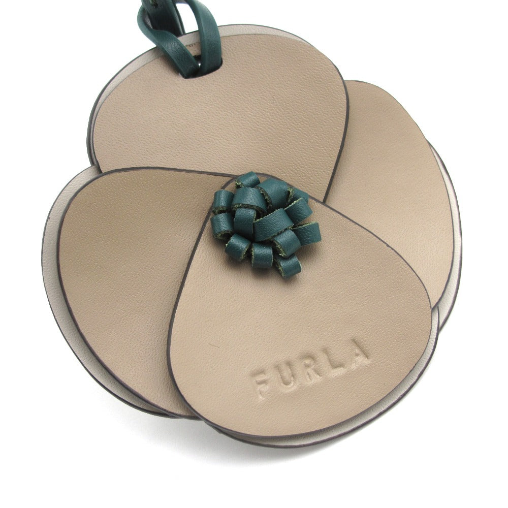 Furla フルラ レザー チャーム フラワー 花 バッグチャーム ベージュ グリーン レディース 美品