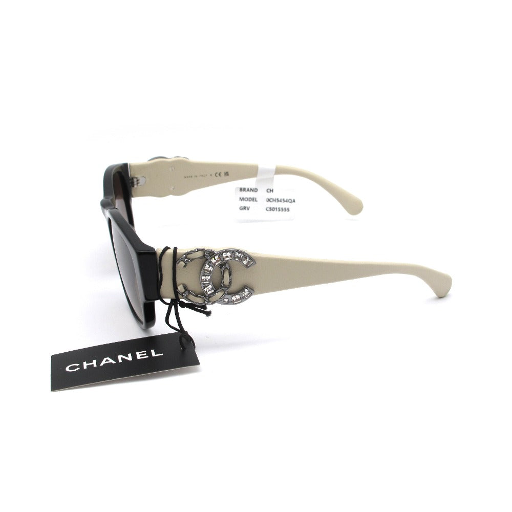 CHANEL シャネル サングラス 5454-Q-A ココマーク レザー ラインストーン 55 18 140 ブラック アイボリー ケース付き 眼鏡 アイウェア 未使用品