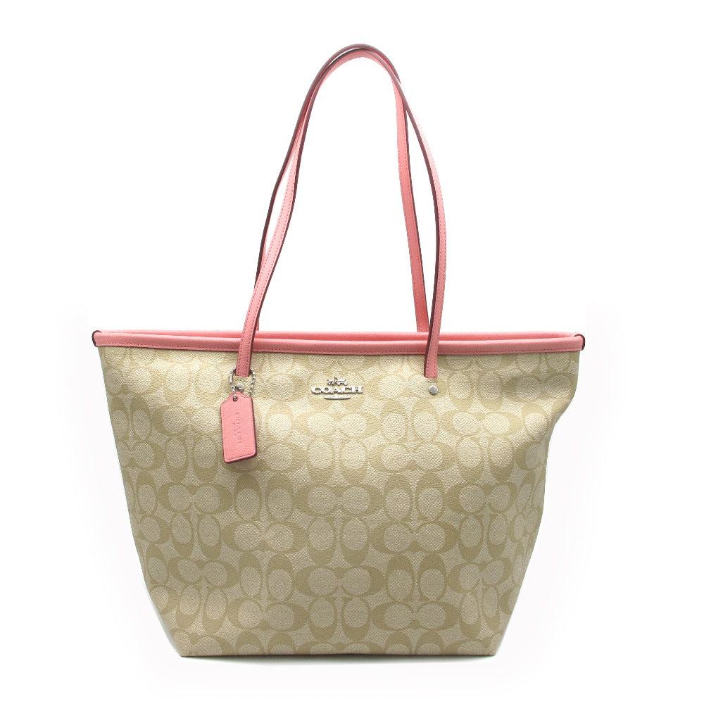 COACH コーチ ファスナー トートバッグ ショルダーバッグ F34104 シグネチャー PVC レザー ベージュ ピンク レディース