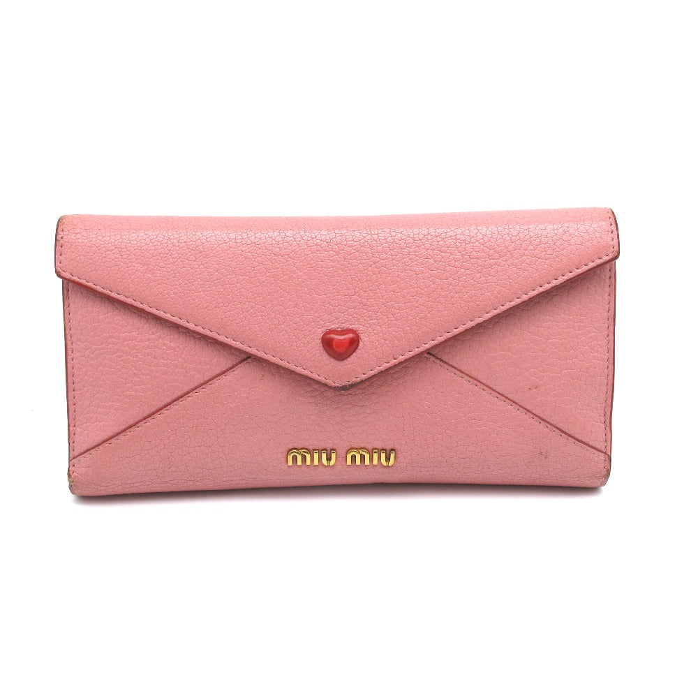 MIUMIU ミュウミュウ マドラス ラブレター 三つ折り長財布 ロングウォレット ハート ロゴ レザー ピンク ゴールド金具 レディース