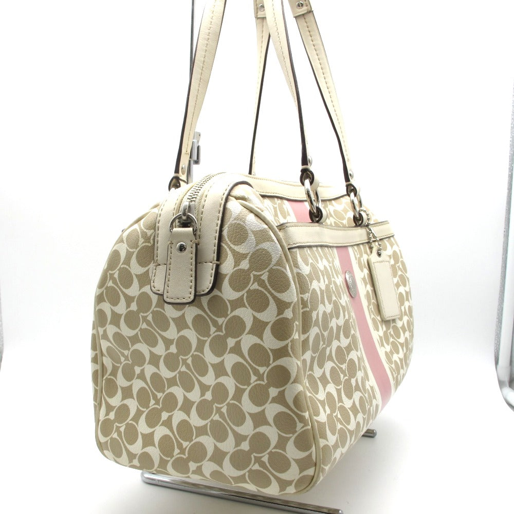 COACH コーチ ハンドバッグ ボストンバッグ型 ベージュ ピンク ホワイトレザー シグネチャー PVC レザー レディース F15132
