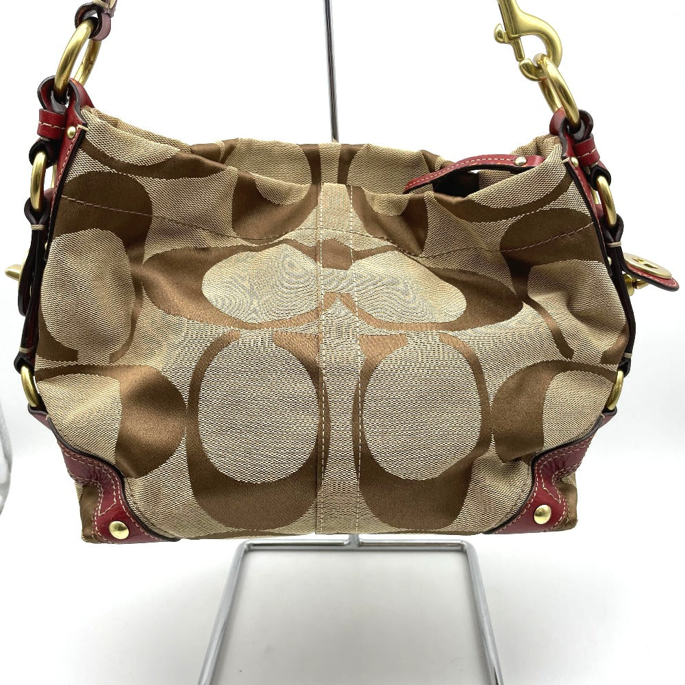 COACH コーチ ハンドバッグ ナイロン レザー ベージュ レッド シグネチャー レディース 10619