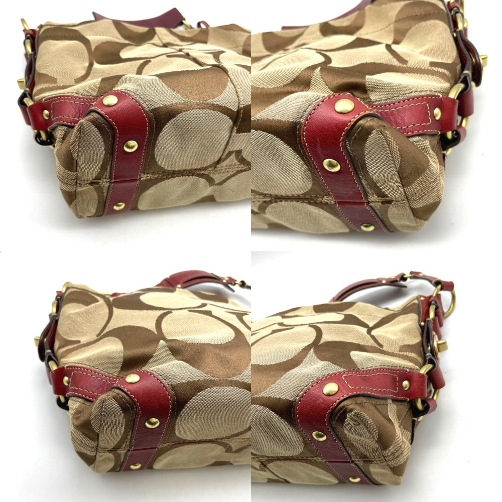 COACH コーチ ハンドバッグ ナイロン レザー ベージュ レッド シグネチャー レディース 10619
