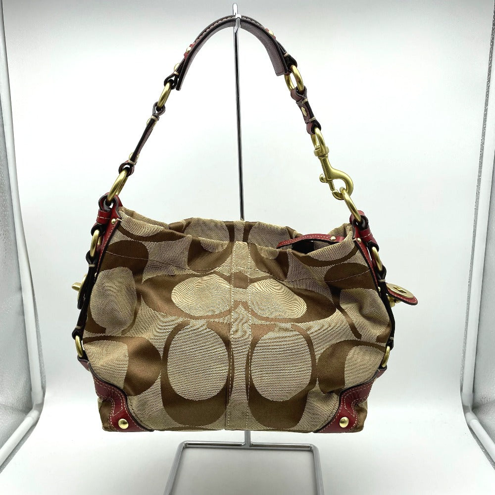 COACH コーチ ハンドバッグ ナイロン レザー ベージュ レッド シグネチャー レディース 10619