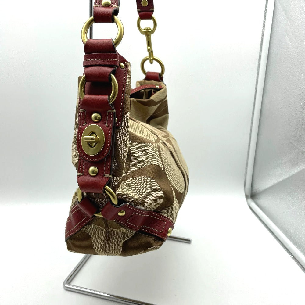 COACH コーチ ハンドバッグ ナイロン レザー ベージュ レッド シグネチャー レディース 10619