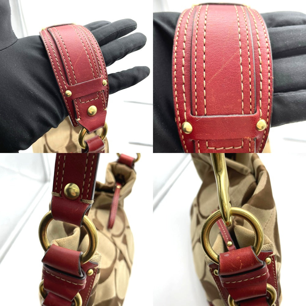 COACH コーチ ハンドバッグ ナイロン レザー ベージュ レッド シグネチャー レディース 10619