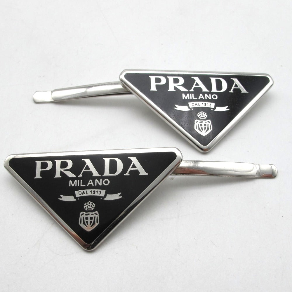 PRADA プラダ ヘアピン 2個セット ロゴ ブラック シルバー 右留め 左留め レディース