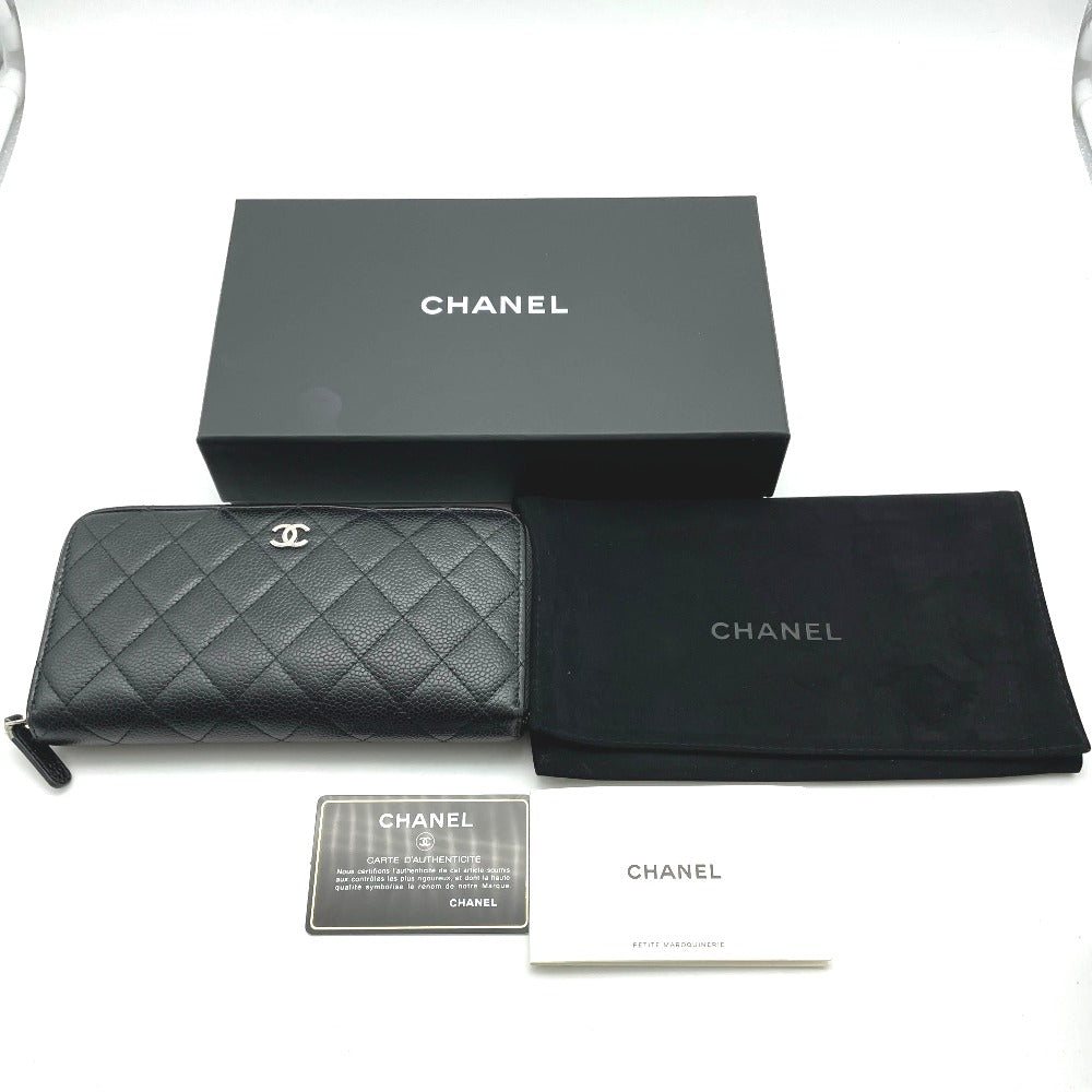 CHANEL シャネル 長財布 ラウンドファスナー キャビアスキン ココマーク 正面ロゴ レザー ブラック 黒 シルバー金具 レディース