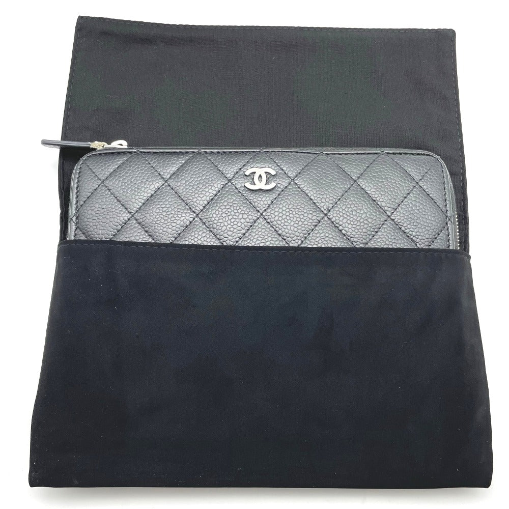 CHANEL シャネル 長財布 ラウンドファスナー キャビアスキン ココマーク 正面ロゴ レザー ブラック 黒 シルバー金具 レディース