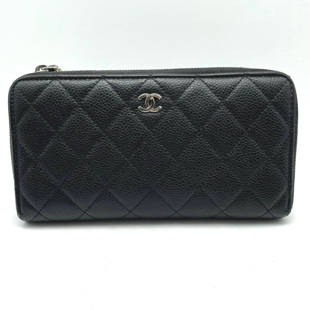 CHANEL シャネル 長財布 ラウンドファスナー キャビアスキン ココマーク 正面ロゴ レザー ブラック 黒 シルバー金具 レディース