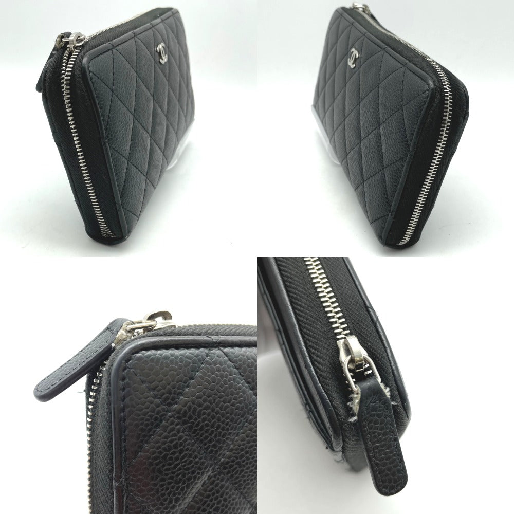CHANEL シャネル 長財布 ラウンドファスナー キャビアスキン ココマーク 正面ロゴ レザー ブラック 黒 シルバー金具 レディース