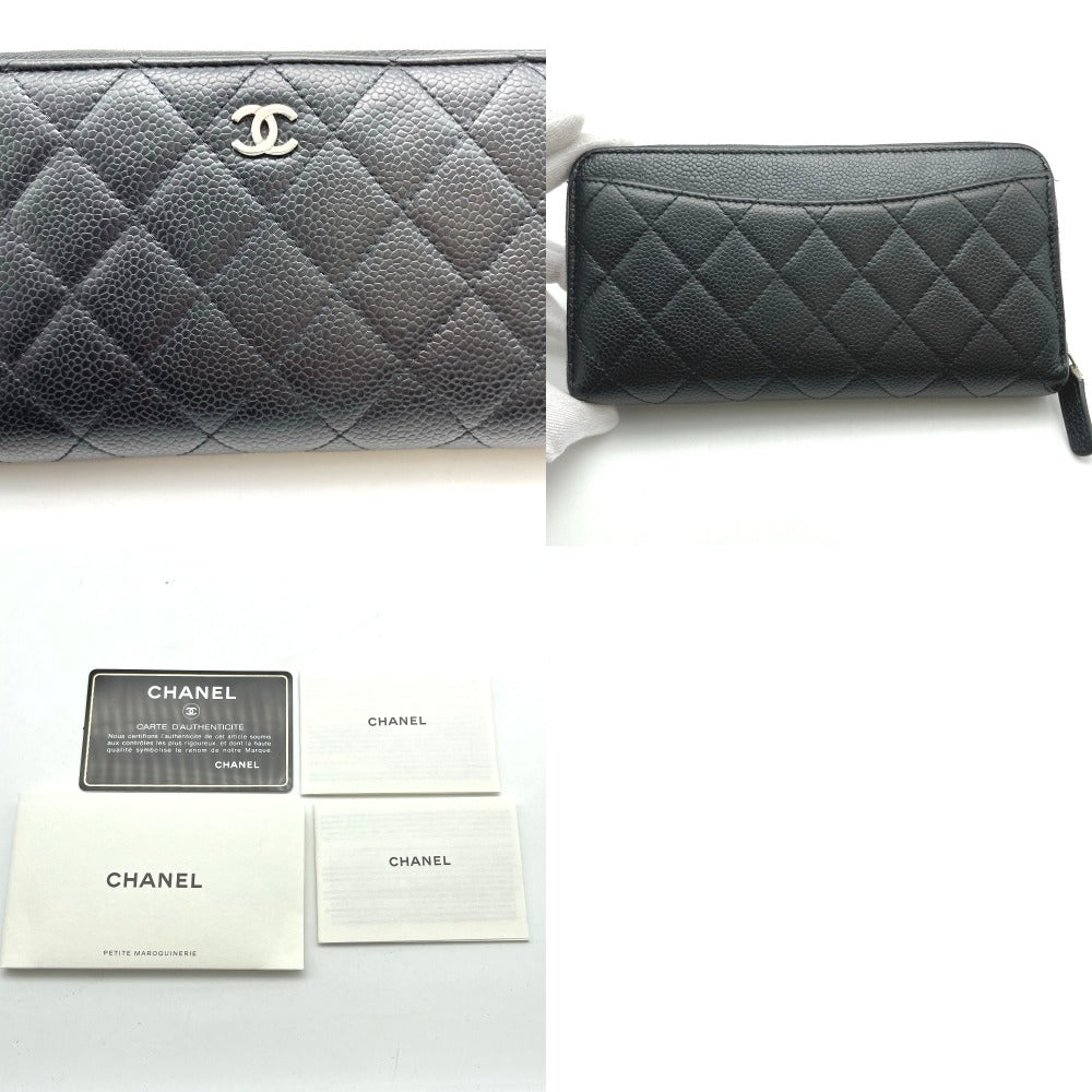 CHANEL シャネル 長財布 ラウンドファスナー キャビアスキン ココマーク 正面ロゴ レザー ブラック 黒 シルバー金具 レディース