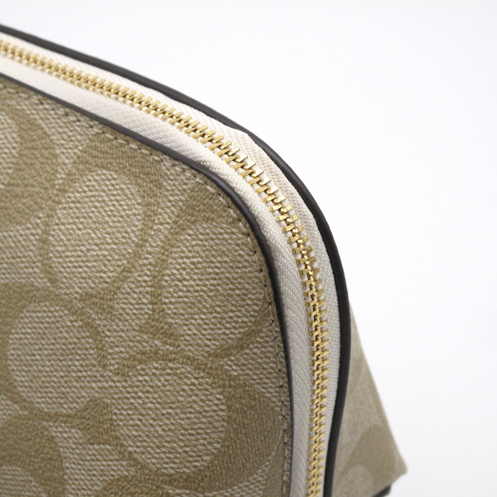 COACH コーチ シグネチャー柄 ポーチ ケース F53385 メイク コスメ 化粧 PVC ベージュ レディース 美品