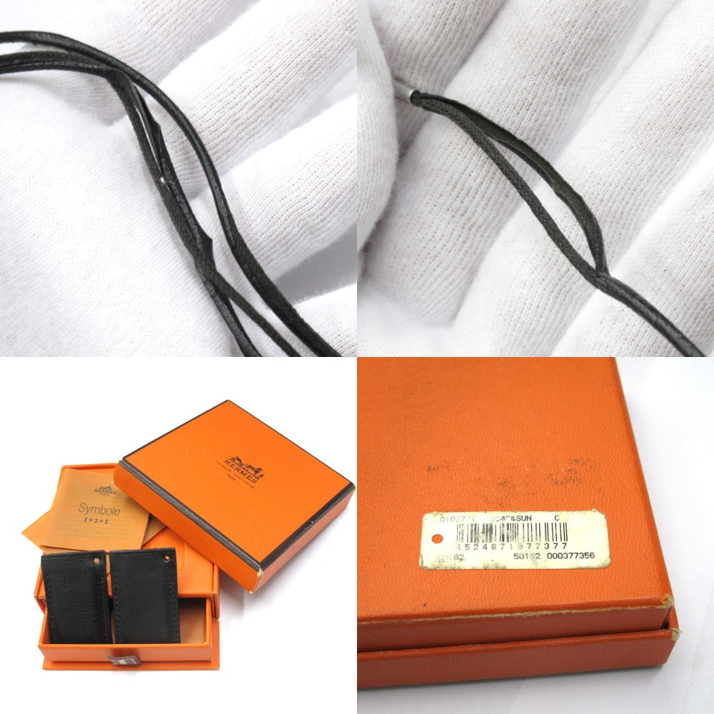 HERMES エルメス ネックレス シンボル 1+1=1 プレート ペア チョーカー メタル レザー 革 ブラック アクセサリー 難あり