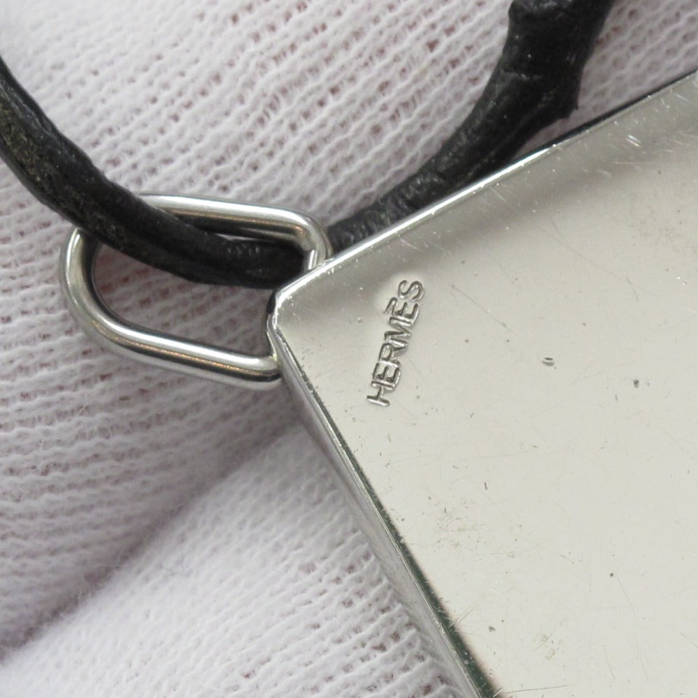 HERMES エルメス ネックレス シンボル 1+1=1 プレート ペア チョーカー メタル レザー 革 ブラック アクセサリー 難あり