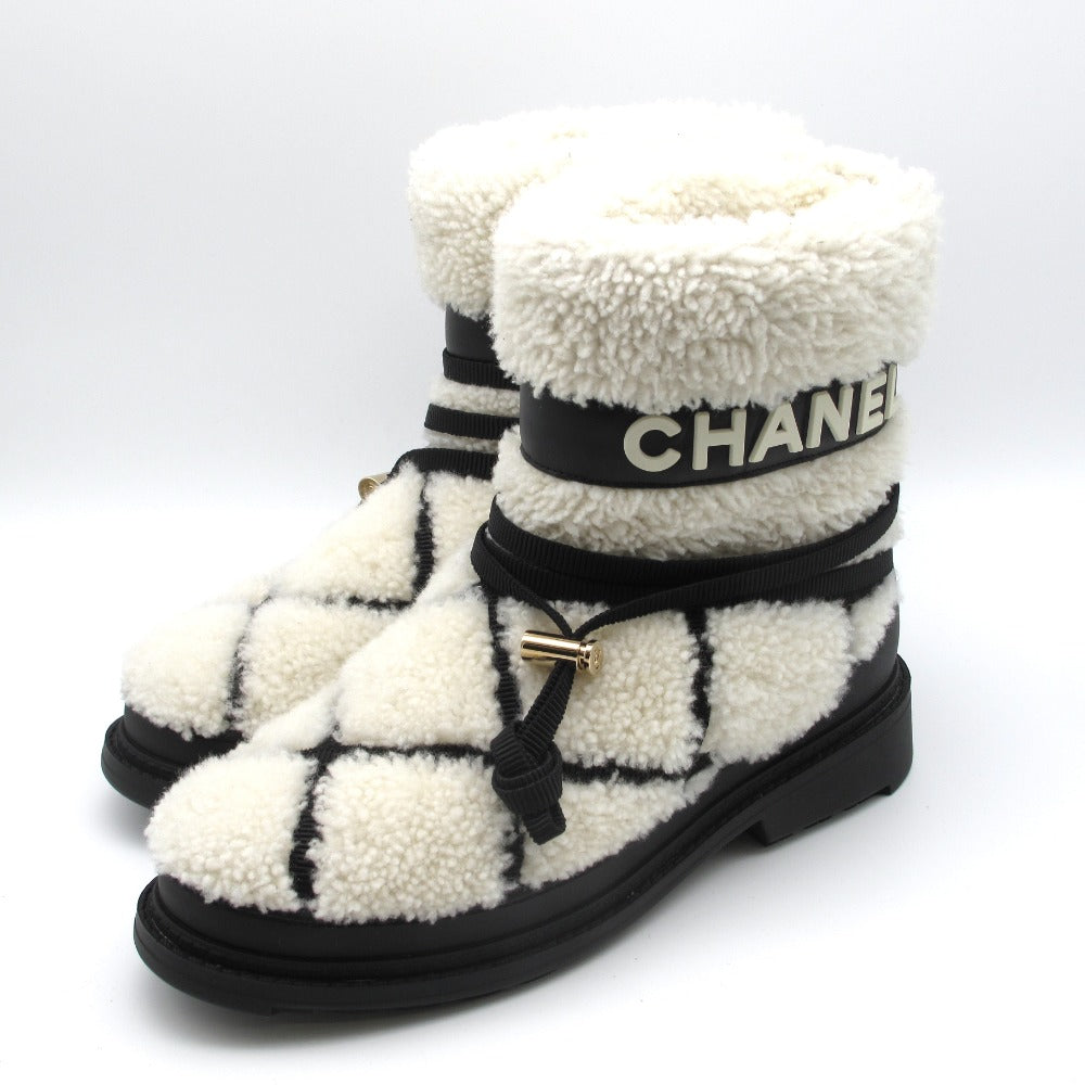 CHANEL シャネル ブーツ シアリング ムートン ボア ロゴ ココマーク ホワイト ブラック 37 24.0 レディース 箱付き G35342 美品