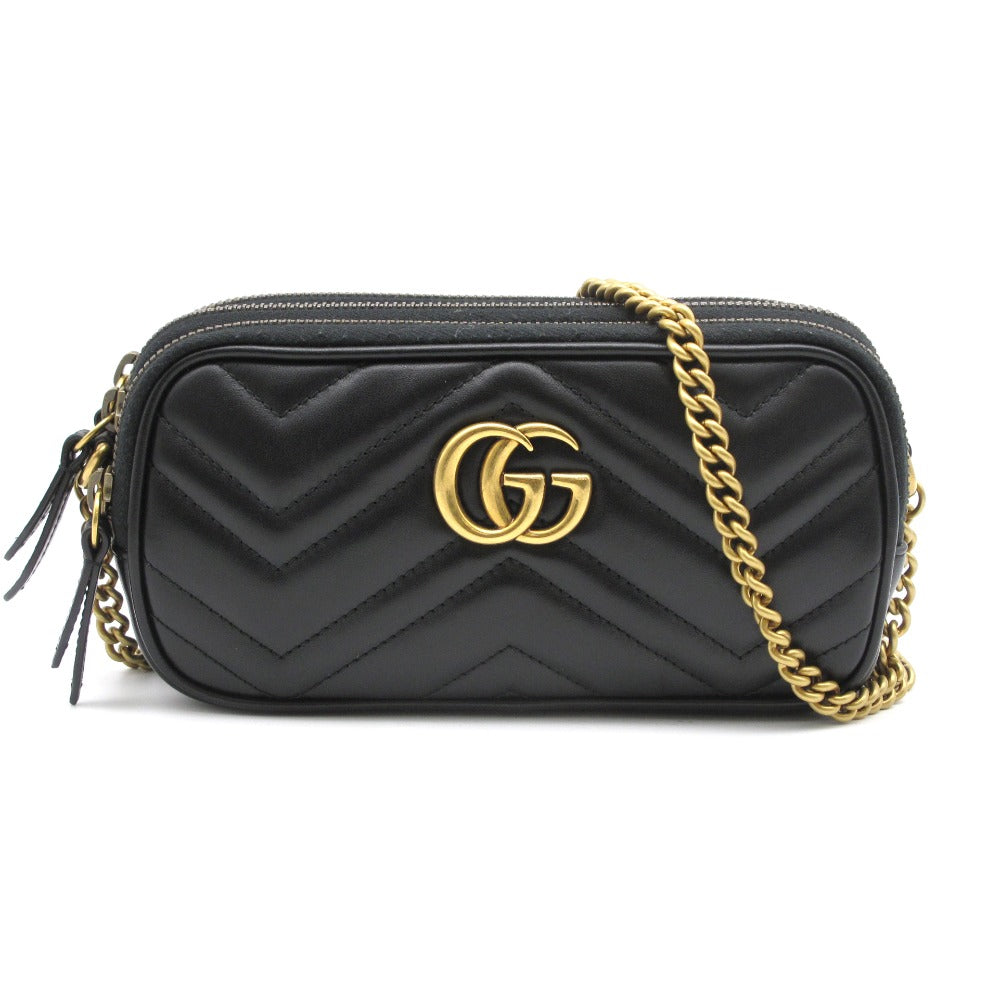 GUCCI グッチ GGマーモント キルティング チェーンショルダーバッグ 546581 クロスボディ 斜め掛け ポシェット レザー ブラック ゴールド レディース 箱付き 美品