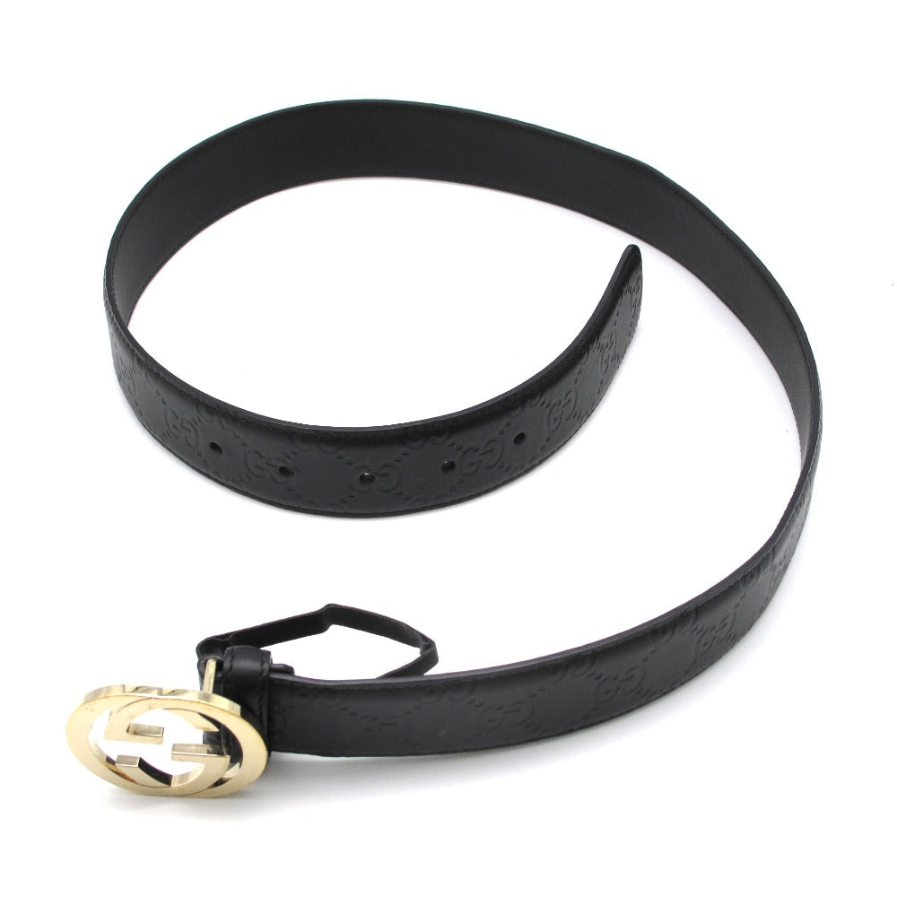GUCCI グッチ レザーベルト インターロッキングG グッチシマ GG 80・32 革 ブラック ゴールド 370543 美品