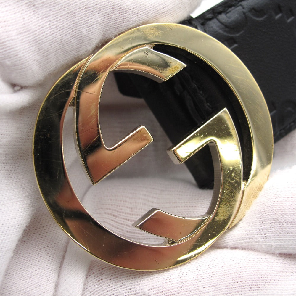 GUCCI グッチ レザーベルト インターロッキングG グッチシマ GG 80・32 革 ブラック ゴールド 370543 美品