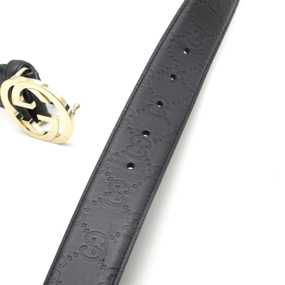 GUCCI グッチ レザーベルト インターロッキングG グッチシマ GG 80・32 革 ブラック ゴールド 370543 美品