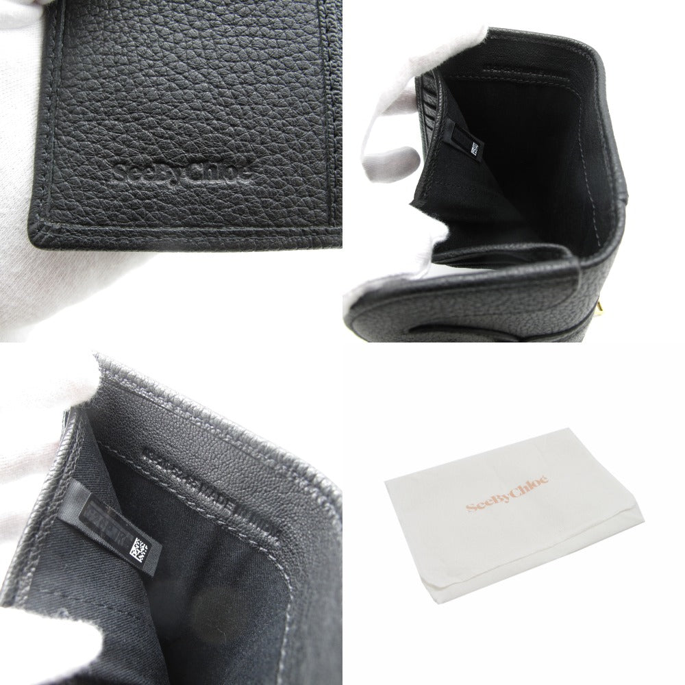 SEE BY CHLOE シーバイクロエ HANA ハナ 三つ折り財布 コンパクトウォレット ロゴ メダル プレート 鍵 チャーム レザー ブラック レディース 美品