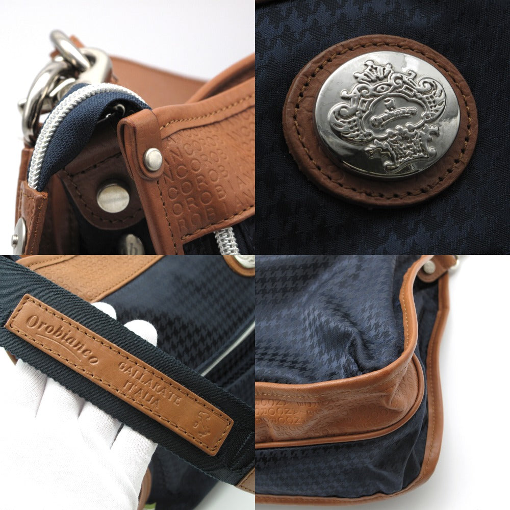 Orobianco オロビアンコ Men'sBigi メンズビギ 2WAY ショルダーバッグ クロスボディ 斜め掛け 肩掛け コラボ 別注 千鳥格子 ロゴ ナイロン レザー ネイビー ブラウン