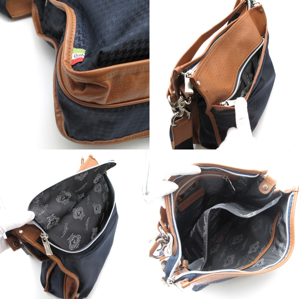Orobianco オロビアンコ Men'sBigi メンズビギ 2WAY ショルダーバッグ クロスボディ 斜め掛け 肩掛け コラボ 別注 千鳥格子 ロゴ ナイロン レザー ネイビー ブラウン