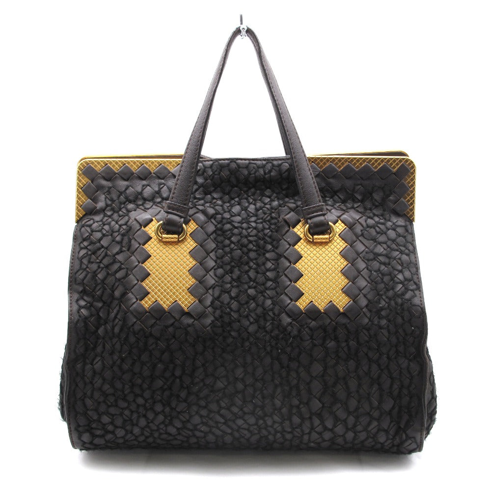 BOTTEGA VENETA ボッテガヴェネタ イントレチャート 毛糸ステッチ ハンドバッグ トート レザー ダークブラウン ゴールド金具 レディース
