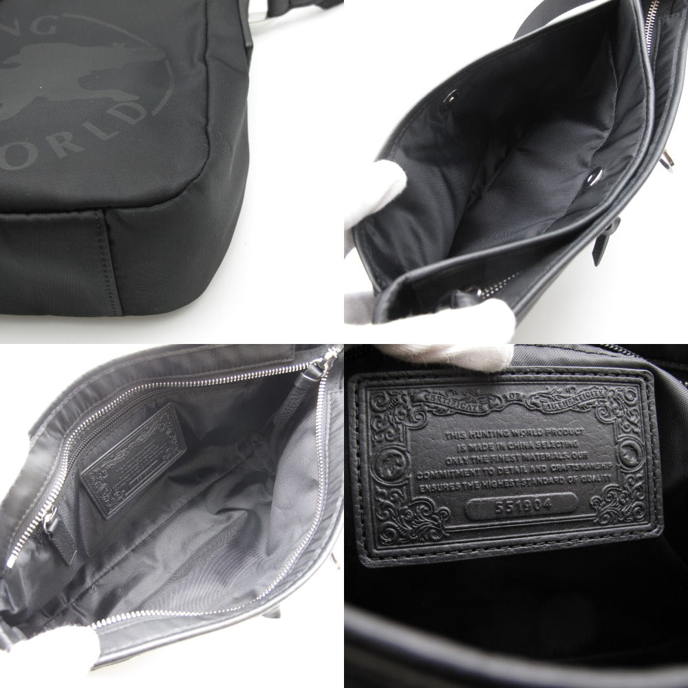 HUNTING WORLD ハンティングワールド ショルダーバッグ ロゴ プリント メッセンジャー クロスボディ ナイロン レザー ブラック