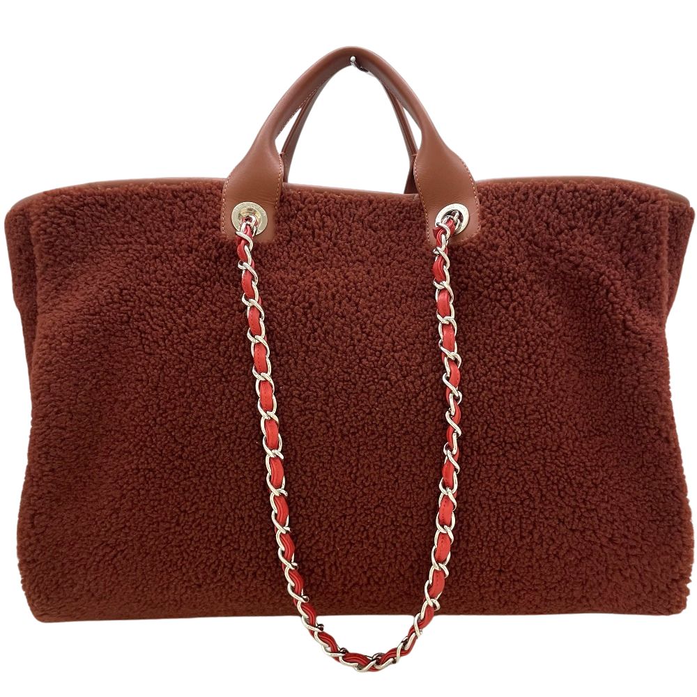CHANEL シャネル ショルダーバッグ ドーヴィルGM 2wayバッグ トートバッグ レザー ムートン ボア ブラウン シルバー金具 メンズ レディース