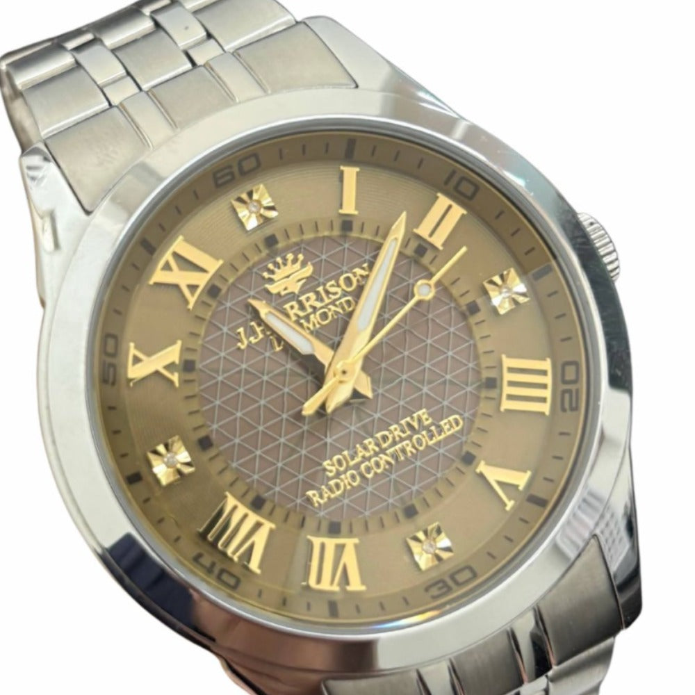 J.HARRISON ジョンハリソン 腕時計 天然ダイヤ付き ゴールド×シルバー ソーラー電波 ダイヤモンド ステンレス メンズ