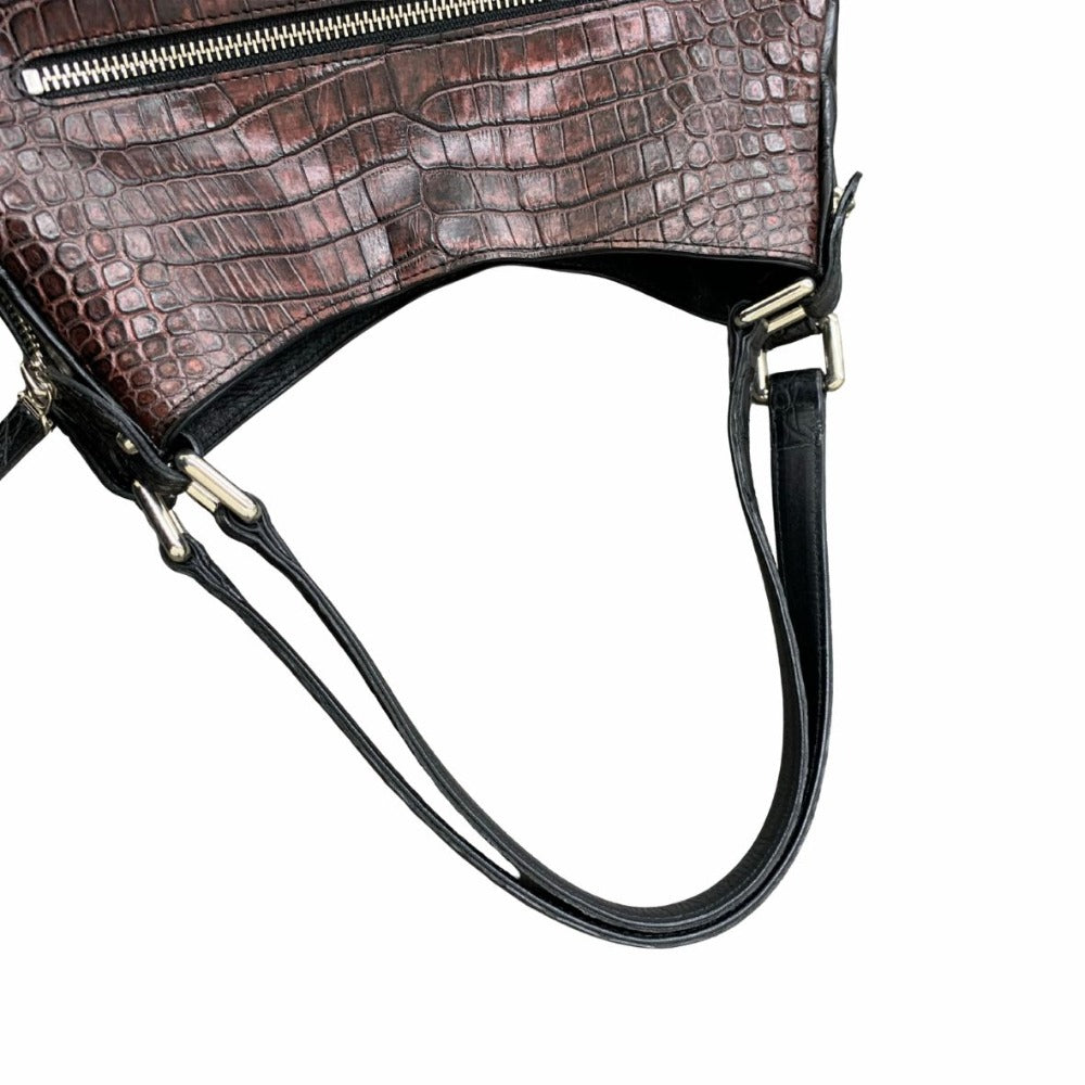 ハンドバッグ クロコ型押し レザー ハンドバッグ ユニセックス ダークパープル×ブラック ホーボーバッグ ワンショルダー A4収納可能
