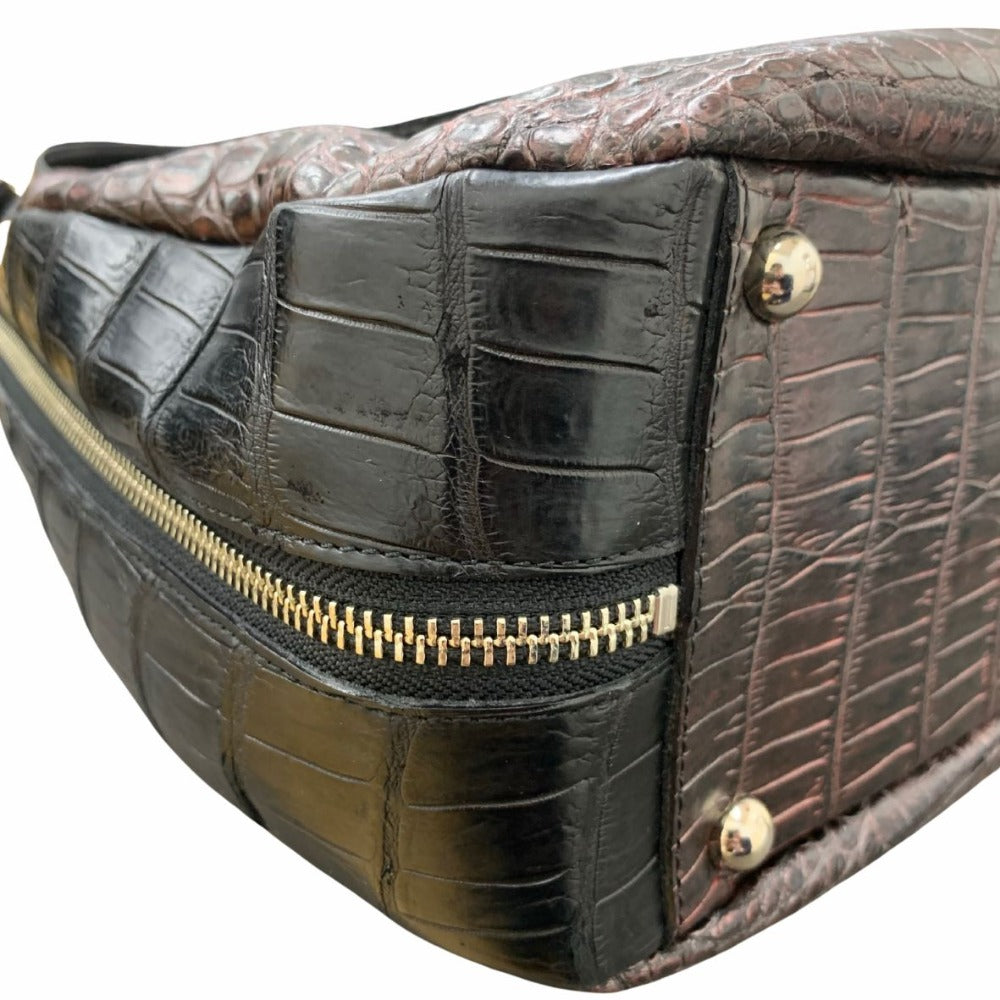 ハンドバッグ クロコ型押し レザー ハンドバッグ ユニセックス ダークパープル×ブラック ホーボーバッグ ワンショルダー A4収納可能