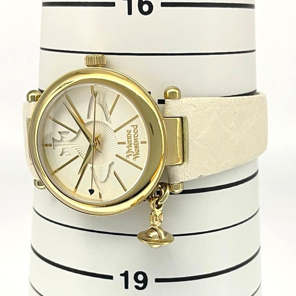 ヴィヴィアン・ウエストウッド ホワイト文字盤 32mm 2025年11月電池交換済 ブランドマーク 白 金メッキ ホワイト レザー クオーツ Vivienne Westwood 腕時計