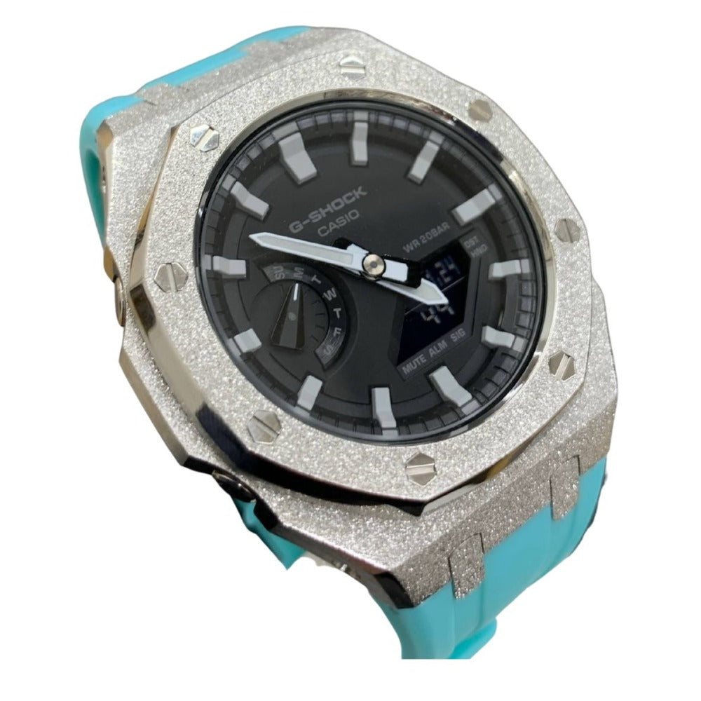 G-SHOCK CASIO ジーショック 腕時計 GA-2100-1AJF カスタム品 カシオーク シルバー ブルー 20気圧防水 Dバックル メンズ