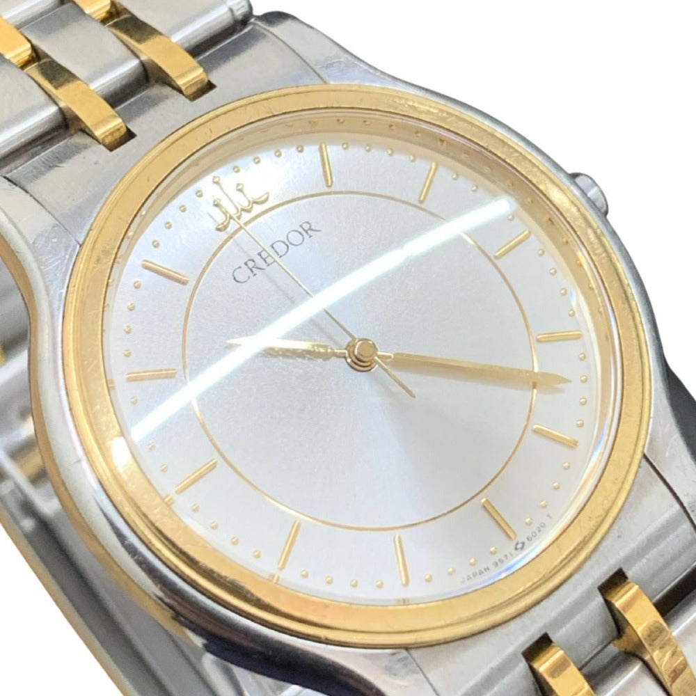 クレドール 腕時計 K18ベゼル×ステンレス クォーツ 33mm 9571-6020 稼働品 電池交換済 シルバー文字盤 コンビ ゴールド メンズ セイコー CREDOR