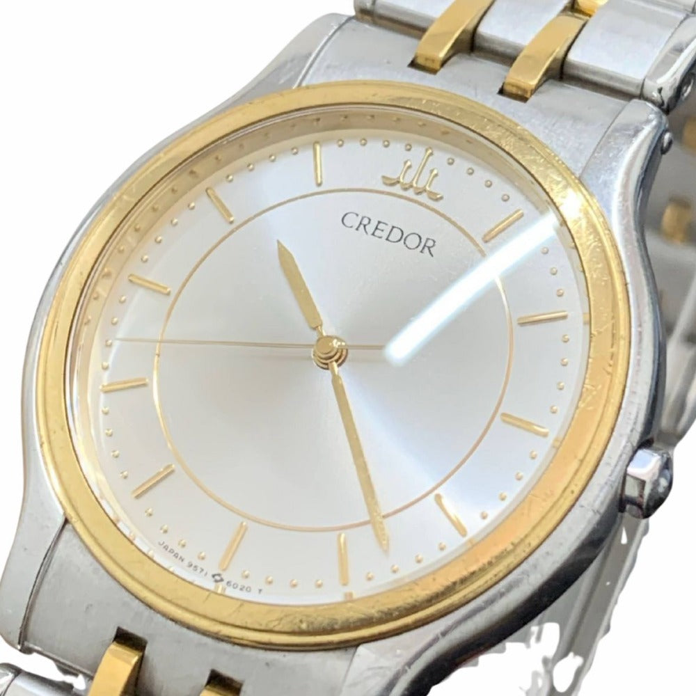 クレドール 腕時計 K18ベゼル×ステンレス クォーツ 33mm 9571-6020 稼働品 電池交換済 シルバー文字盤 コンビ ゴールド メンズ セイコー CREDOR
