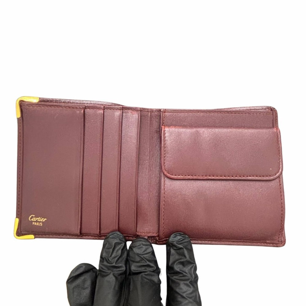 カルティエ マストライン ボルドー ゴールド金具 L3000451 レザー 赤系 コンパクト 折り財布 シンプル メンズ 二つ折り財布 CARTIER