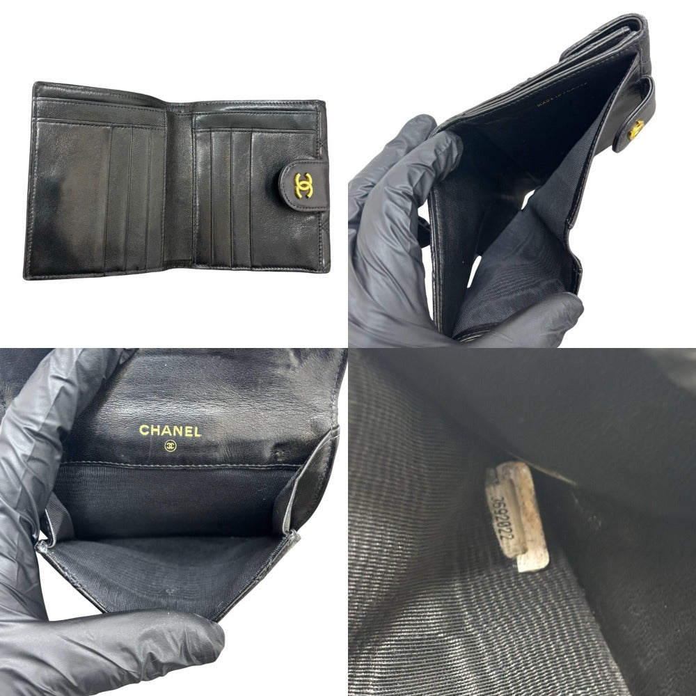 シャネル 二つ折り財布 ビコローレ マトラッセ ゴールド金具 レザー ブラック シンプル コンパクト レディース CHANEL