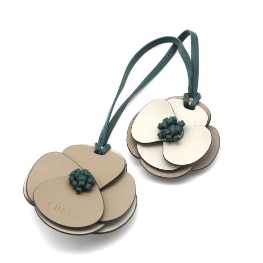 Furla フルラ レザー チャーム フラワー 花 バッグチャーム ベージュ グリーン レディース 美品