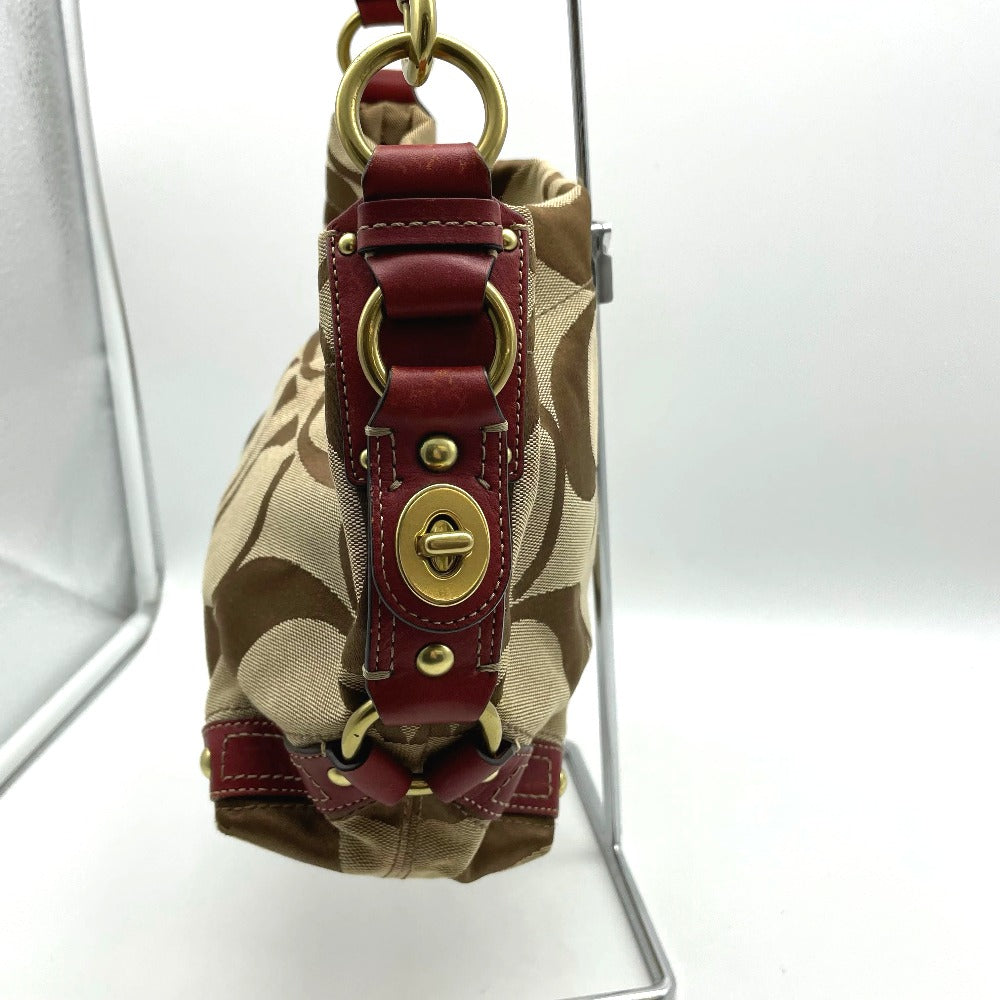 COACH コーチ ハンドバッグ ナイロン レザー ベージュ レッド シグネチャー レディース  10619