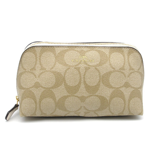 COACH コーチ シグネチャー柄 ポーチ ケース F53385 メイク コスメ 化粧 PVC ベージュ レディース 美品