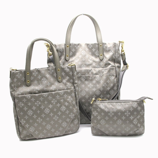 russet ラシット マトリョーシカ 3点セット 2WAYバッグ ショルダーバッグ トート ポーチ モノグラム ロゴ 総柄 ナイロン レザー グレー レディース 未使用品