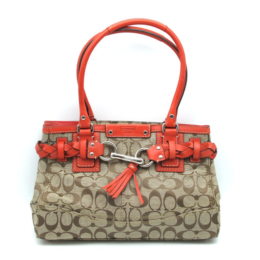 COACH コーチ シグネチャー タッセル トートバッグ ハンドバッグ セミショルダーバッグ F15665 キャンバス レザー ベージュ レッド レディース