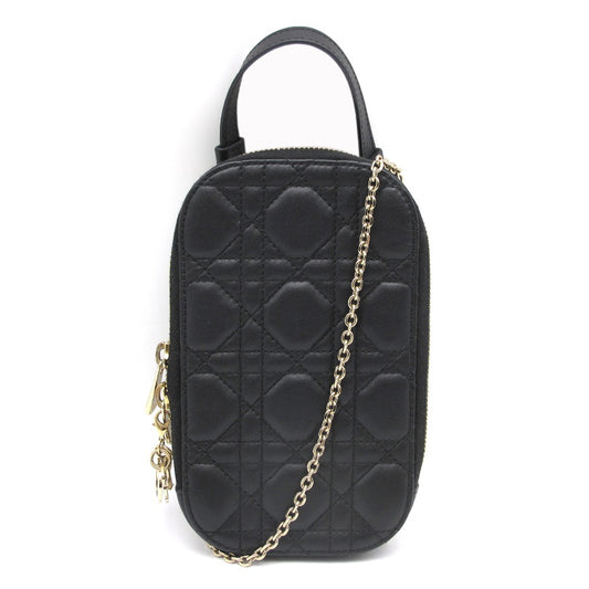 Dior ディオール LADY DIOR フォンホルダー カナージュ ラムスキン SO8720NMJ-M900 ストラップ付き スマホポーチ ミニバッグ チェーンショルダー 斜め掛け ブラック レザー 箱付き 美品
