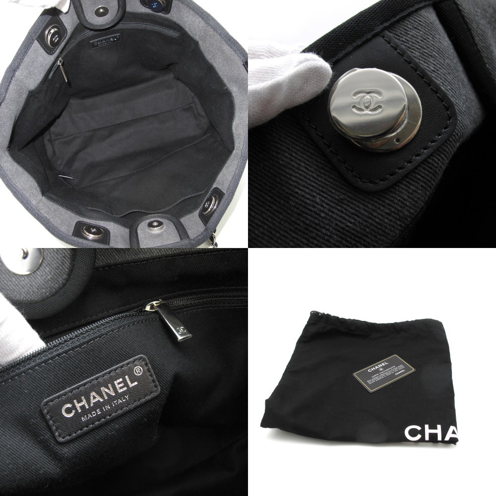 CHANEL シャネル ドーヴィルMM A67001 チェーン トートバッグ ショルダーバッグ ココマーク グレー ブラック シルバー キャンバス レザー レディース 美品