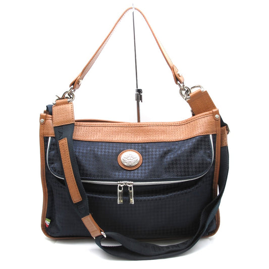 Orobianco オロビアンコ Men'sBigi メンズビギ 2WAY ショルダーバッグ クロスボディ 斜め掛け 肩掛け コラボ 別注 千鳥格子 ロゴ ナイロン レザー ネイビー ブラウン