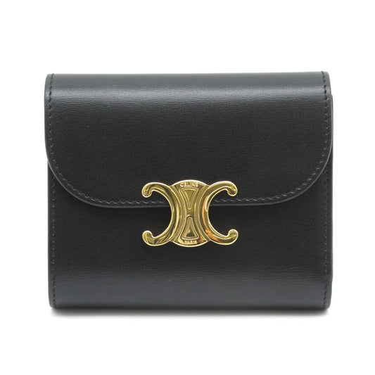 CELINE セリーヌ スモールウォレット トリオンフ シャイニーカーフスキン 10D78 3DPV 38NO 三つ折り財布 レザー ブラック ゴールド 箱付き レディース 美品